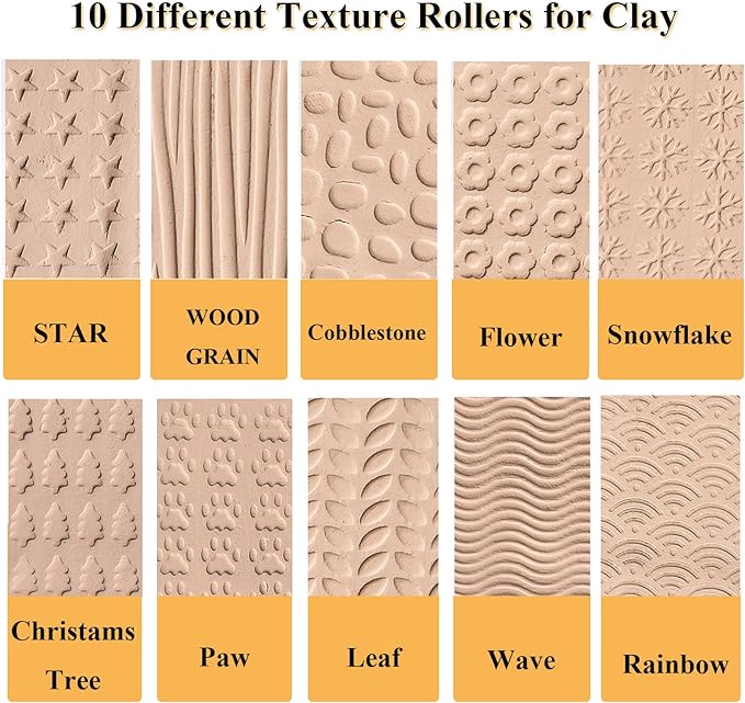 10PcsDifferentWoodenClayTextureRollingEmbossPlaidHandRollersPolymerCeramicClay-3