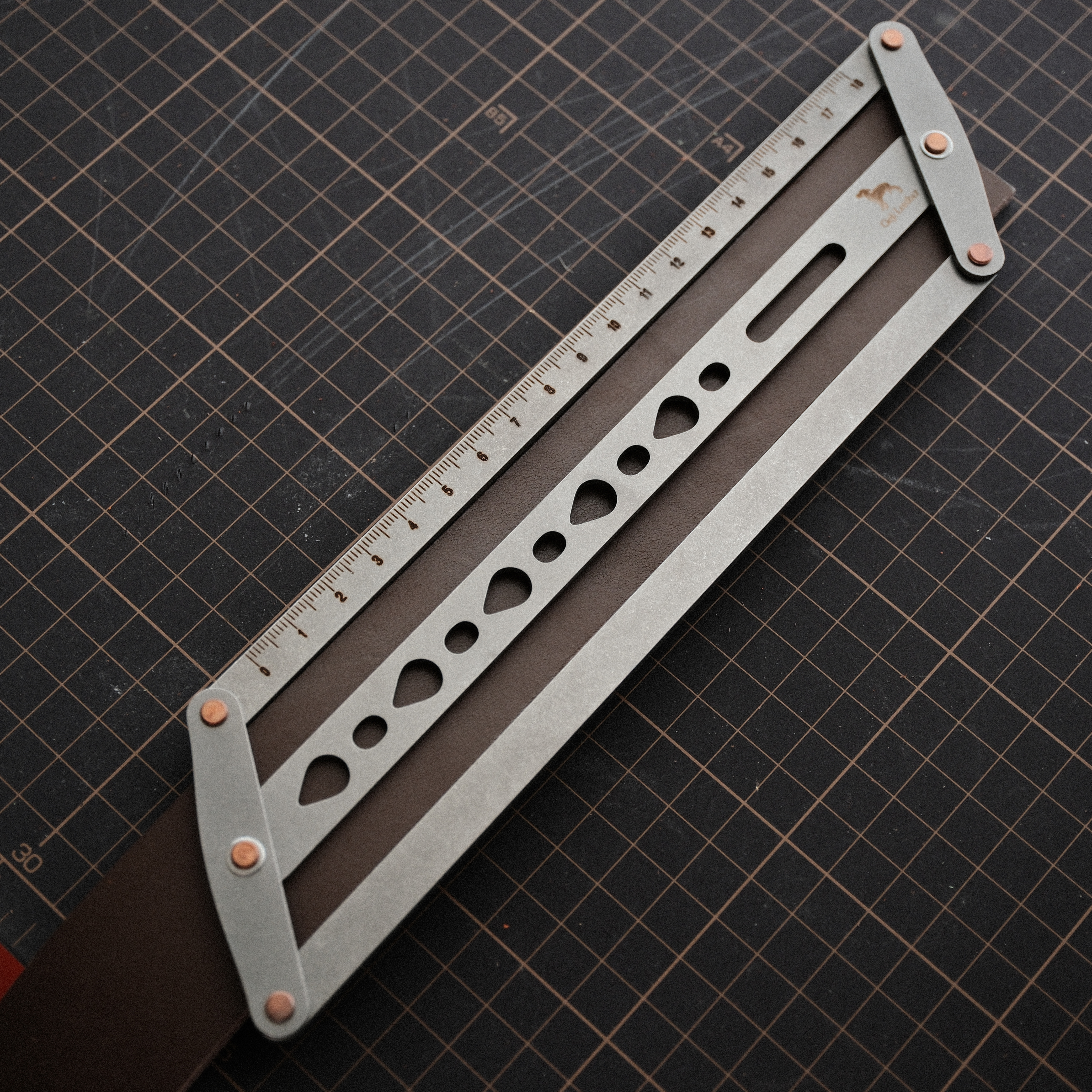 Adjustable leather belt hole positioning ruler with self-centering parallel guides and teardrop punch holes for clean, straight hole marking on belts, straps, bags, watch straps, and pet collars. Lockable, easy to align, and built for consistent leatherwork. Shop now.