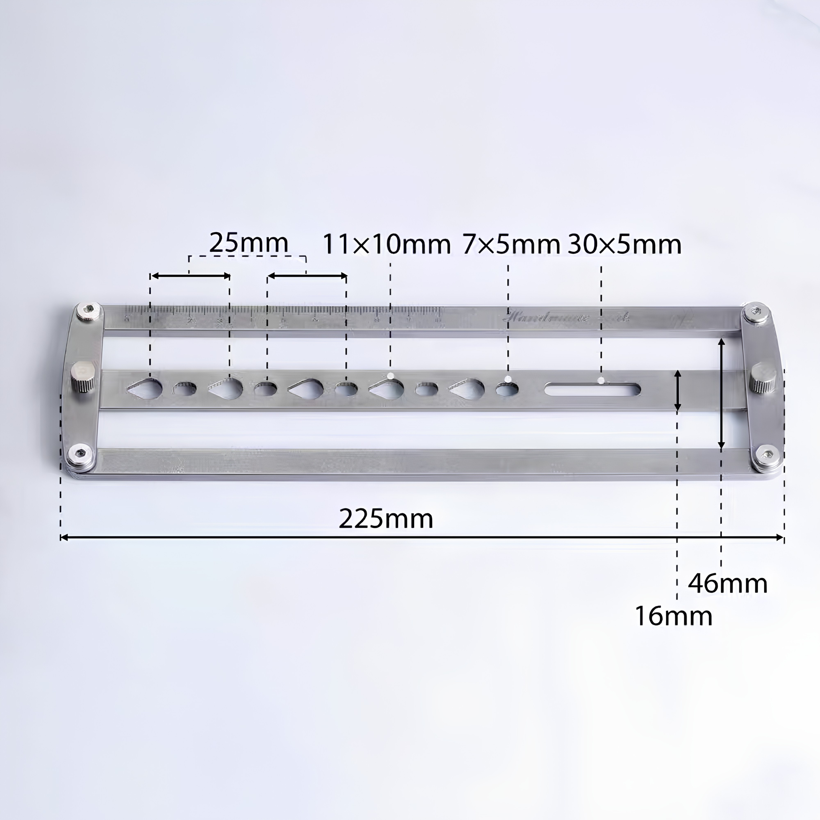 Adjustable leather belt hole positioning ruler with self-centering parallel guides and teardrop punch holes for clean, straight hole marking on belts, straps, bags, watch straps, and pet collars. Lockable, easy to align, and built for consistent leatherwork. Shop now.