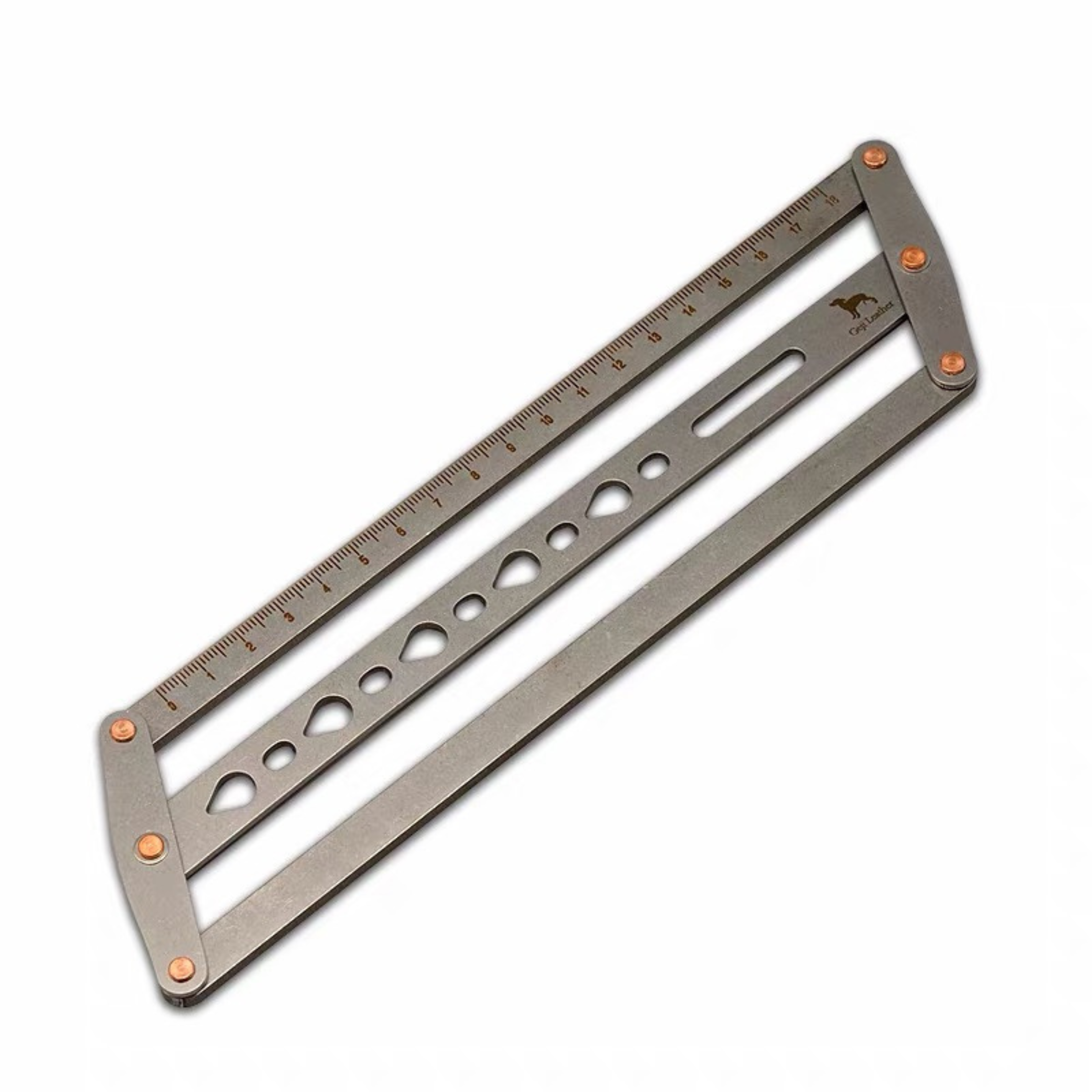 Adjustable leather belt hole positioning ruler with self-centering parallel guides and teardrop punch holes for clean, straight hole marking on belts, straps, bags, watch straps, and pet collars. Lockable, easy to align, and built for consistent leatherwork. Shop now.