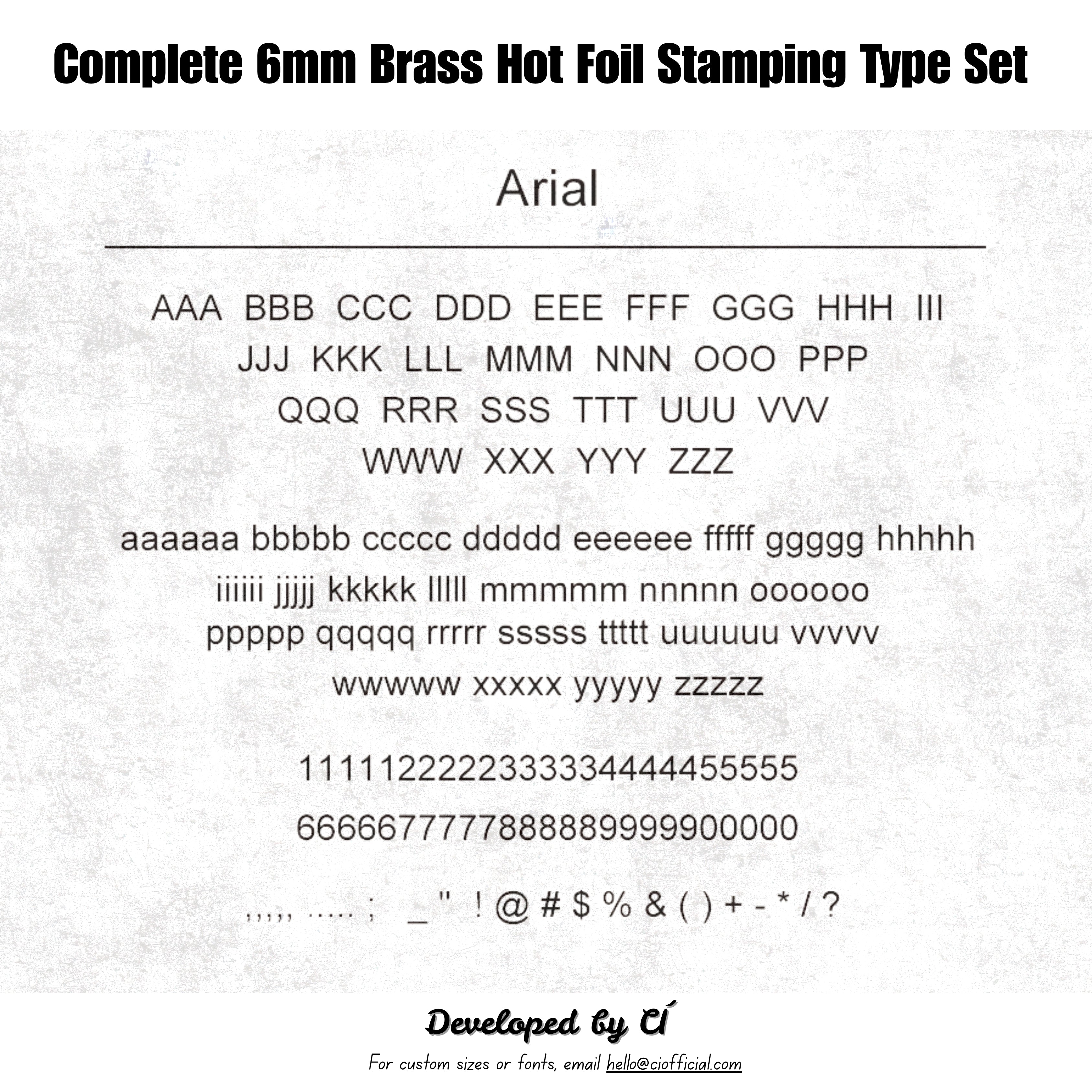 Shop the CÍ 6mm brass hot foil stamping type set with 307 letters, numbers and symbols. A versatile size for notebooks, wallets, labels and small leather goods. Includes walnut glass-lid storage box. Custom fonts available.