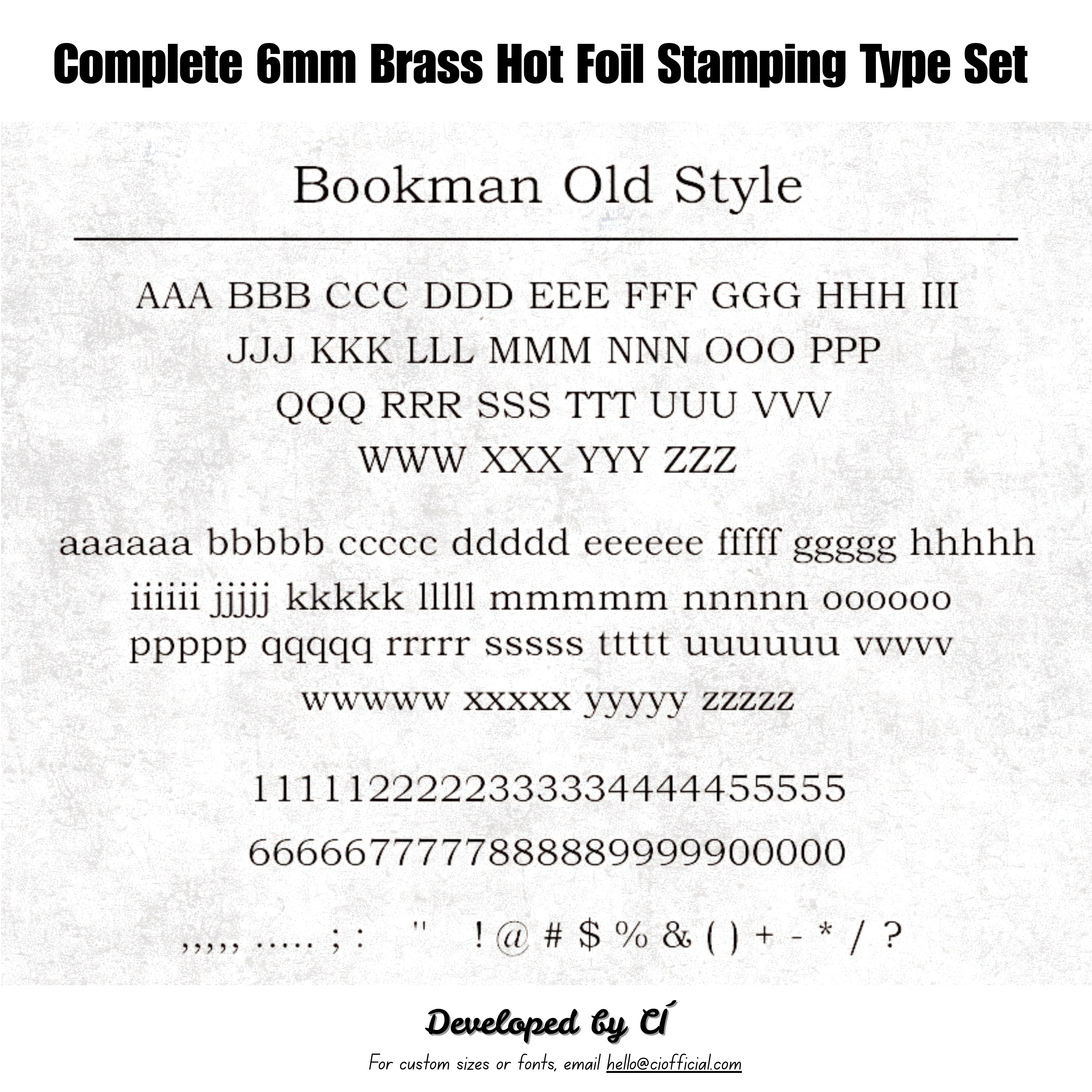 Shop the CÍ 6mm brass hot foil stamping type set with 307 letters, numbers and symbols. A versatile size for notebooks, wallets, labels and small leather goods. Includes walnut glass-lid storage box. Custom fonts available.