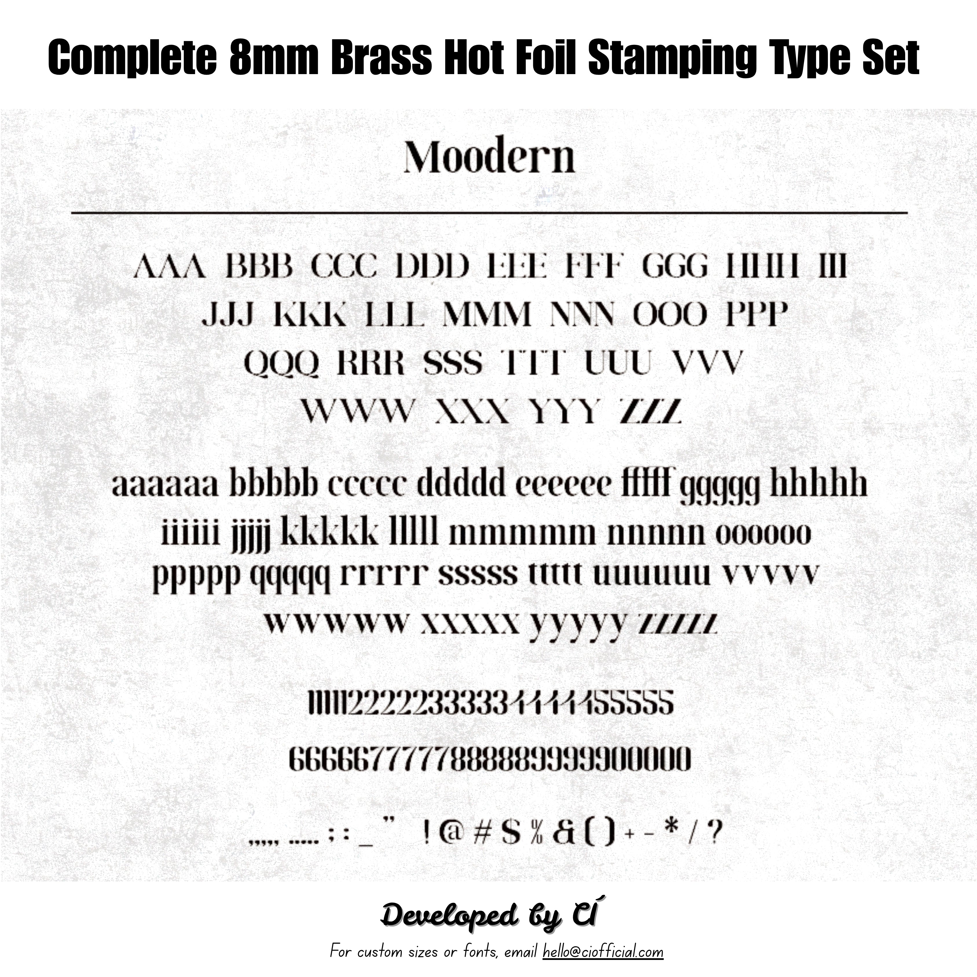 CÍ deluxe brass hot foil stamping type set with walnut storage box, designed for clear leather embossing, custom branding, luggage tags, labels and packaging. Compatible with Maxita Holder No. 1 and MOVEGO machines. Custom fonts available. Shop now.