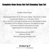 CÍ Deluxe 8mm Brass Hot Foil Stamping Type Set with Walnut Storage Box· 307 Pieces
