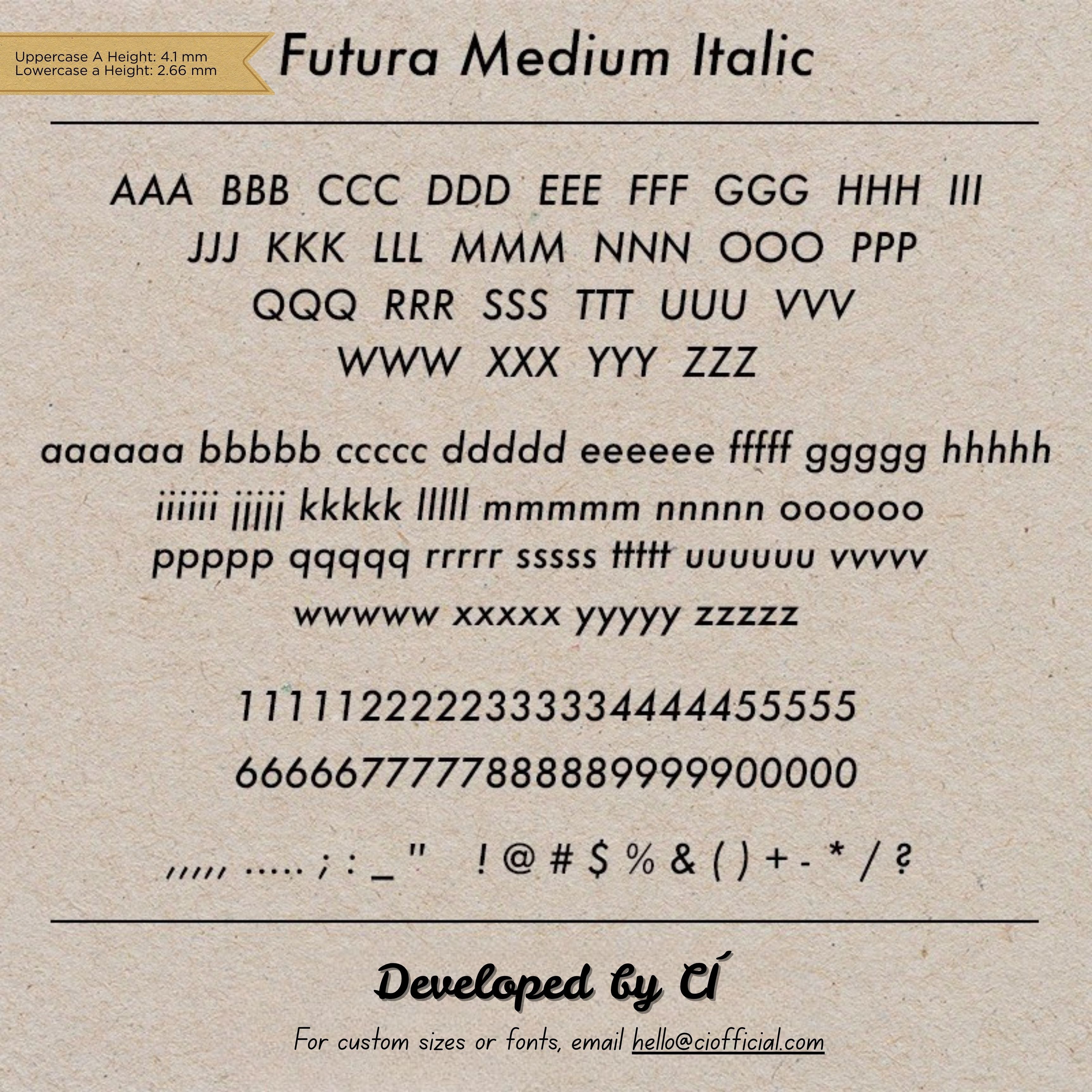 A CÍ-developed hot foil stamping type set for leathercraft, branding, and personalised studio work. Each set includes 307 individual type stamps with uppercase letters, lowercase letters, numbers, symbols, punctuation, and spaces, plus a black walnut storage box. Compatible with Maxita Holder No. 1, No. 2, and No. 3. Custom fonts and heights are available by email.