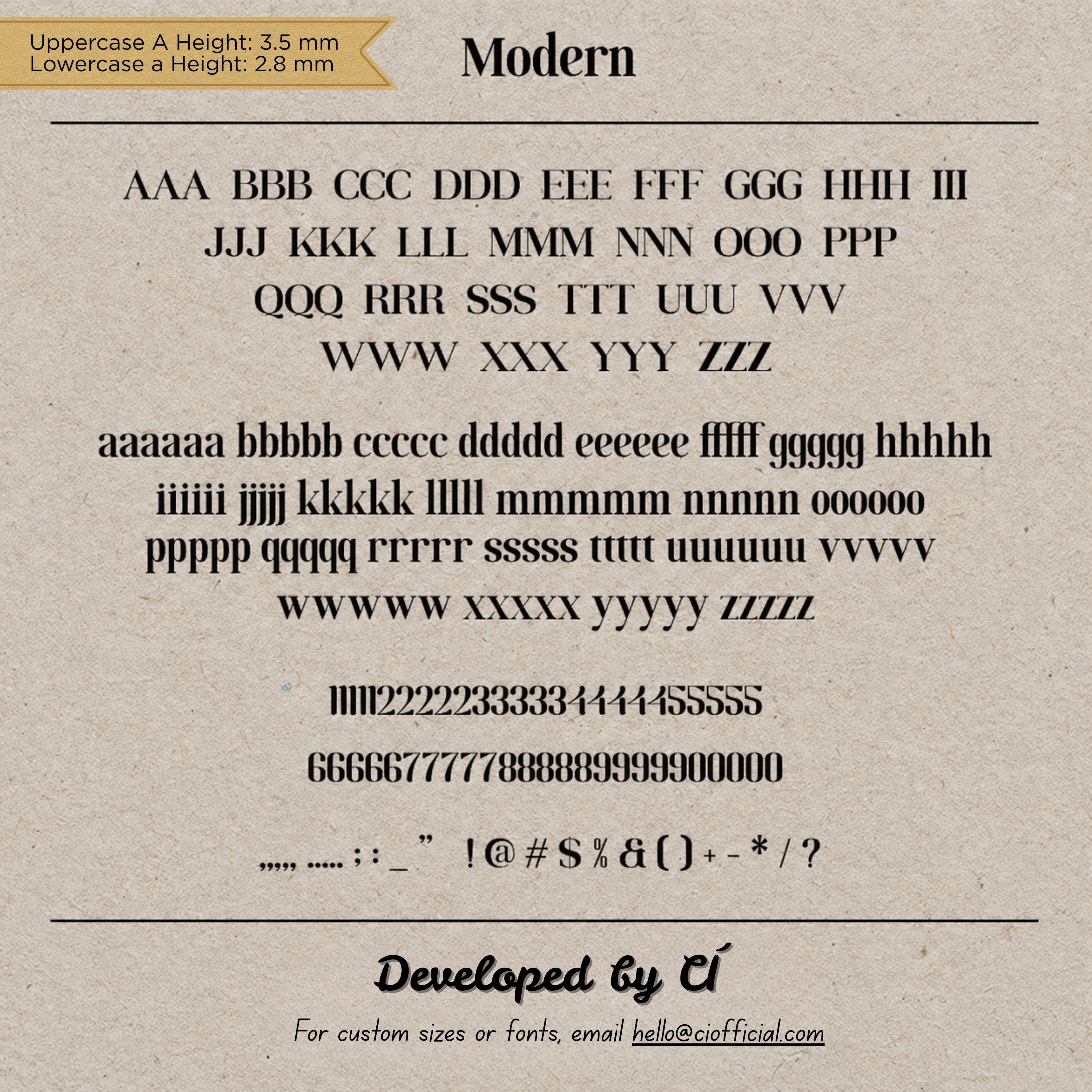 A CÍ-developed hot foil stamping type set for leathercraft, branding, and personalised studio work. Each set includes 307 individual type stamps with uppercase letters, lowercase letters, numbers, symbols, punctuation, and spaces, plus a black walnut storage box. Compatible with Maxita Holder No. 1, No. 2, and No. 3. Custom fonts and heights are available by email.