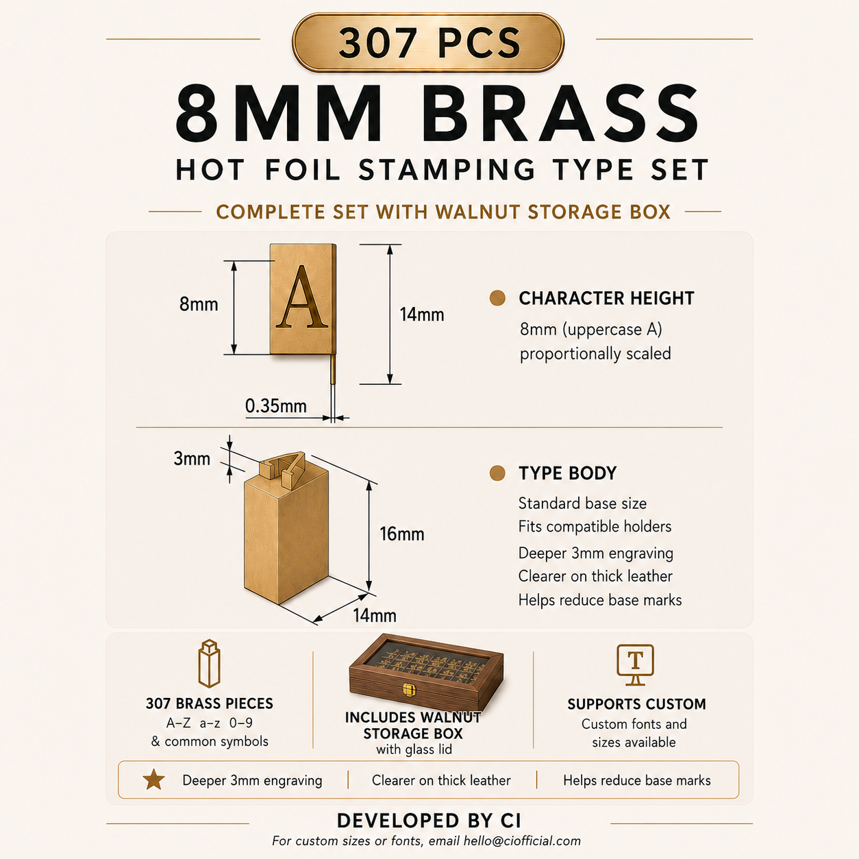 CÍ Deluxe 8mm Brass Hot Foil Stamping Type Set with Walnut Storage Box· 307 Pieces
