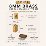 CÍ Deluxe 8mm Brass Hot Foil Stamping Type Set with Walnut Storage Box· 307 Pieces