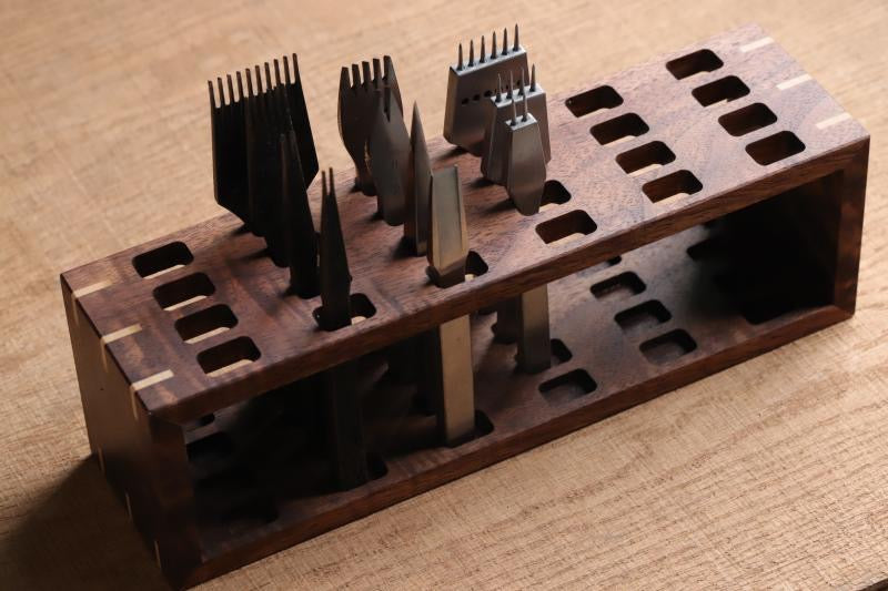 Premium Walnut 24-Hole Pricking Iron & Chisel Rack/Organizer