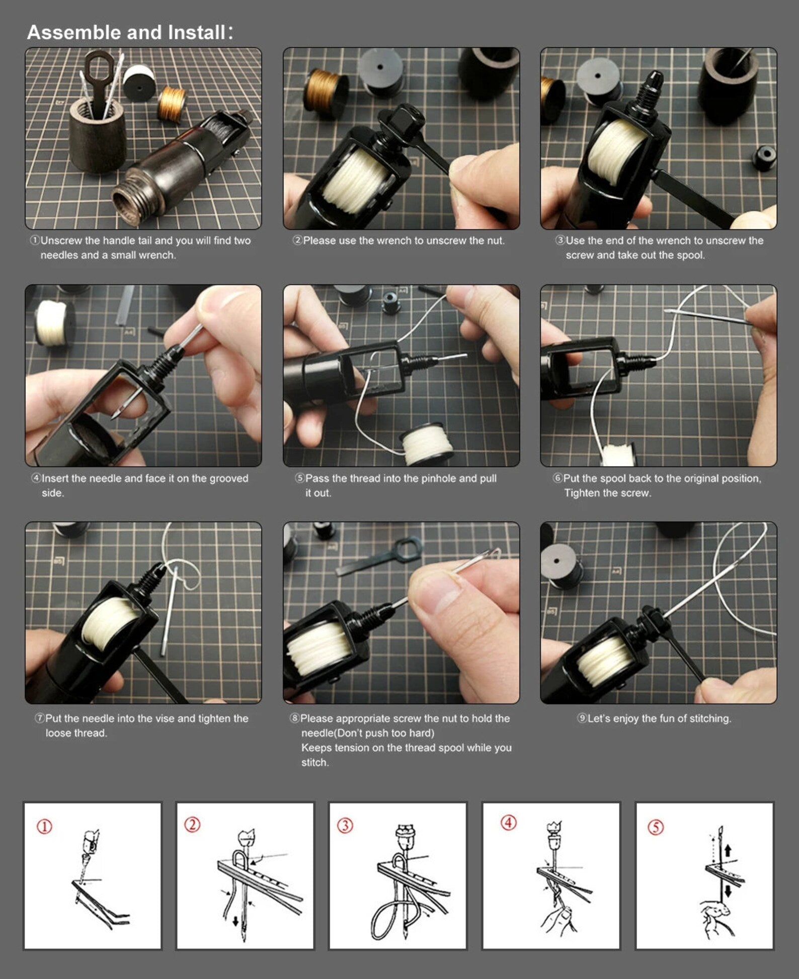 Stitch Awl Set (1 Wrench, 2 Needles, and 3 Thread Spools)