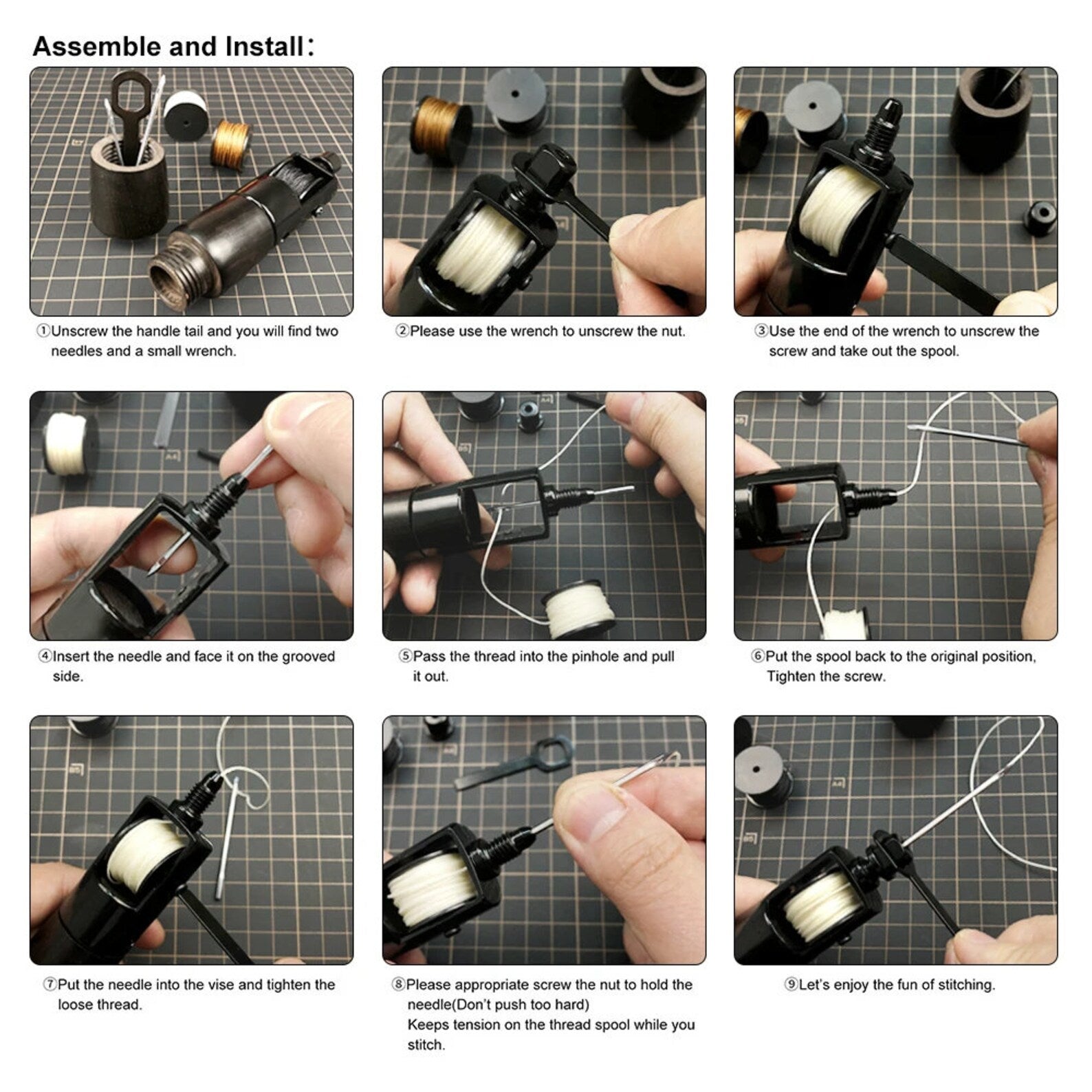 Stitch Awl Set (1 Wrench, 2 Needles, and 3 Thread Spools)
