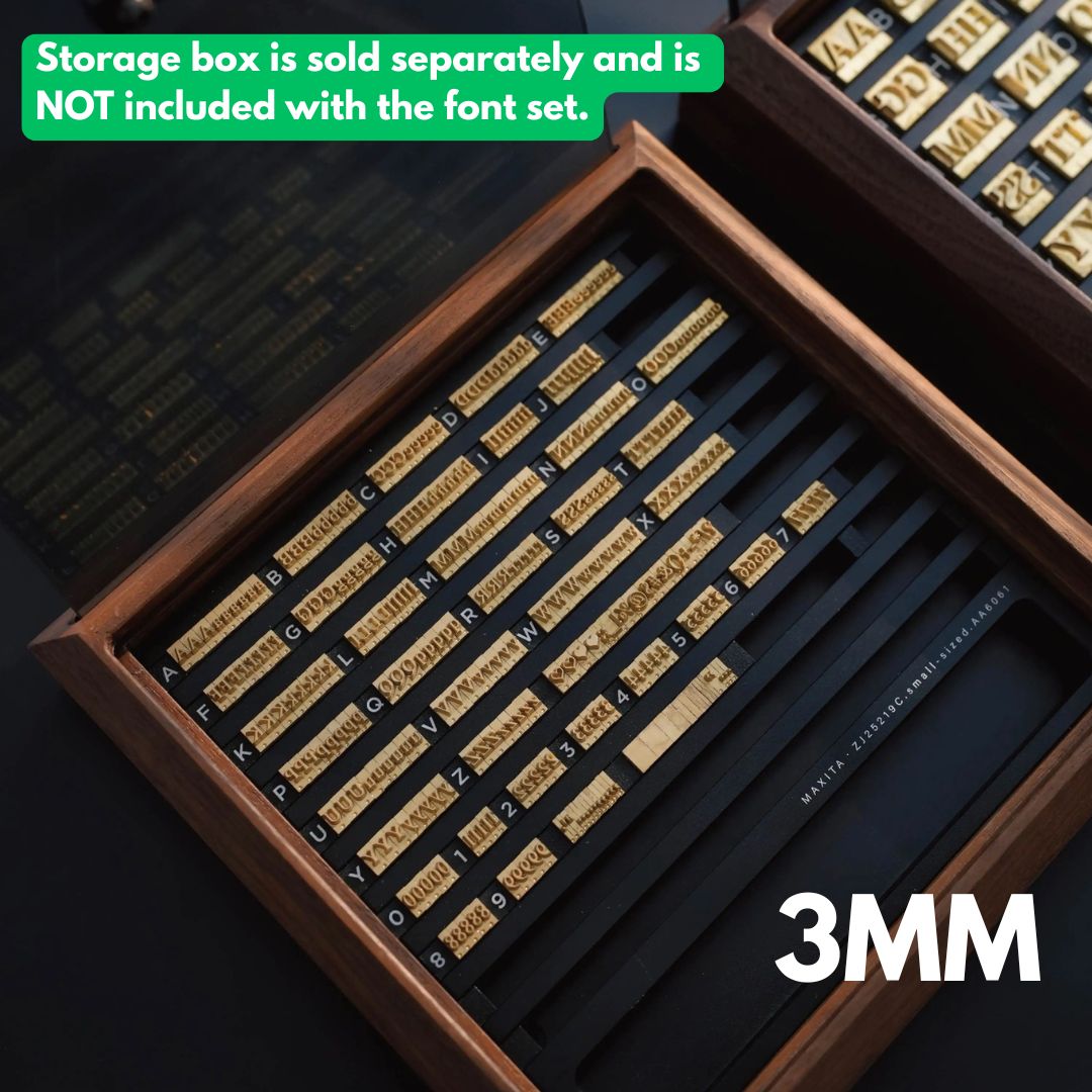 Movable type letter set designed for MAXITA hot foil machines, ideal for pencil stamping and larger lettering projects. Clean, clear impressions with flexible font size options. A great upgrade beyond standard fonts. Explore the set or contact us for custom options.