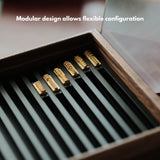 Modular walnut stamp box for Maxita brass letters. Freely arrange letters with movable modules that stay in place. Upgraded with a stable layout and glass lid for dust-free storage and display. A clean, flexible way to organize your type. Explore now.