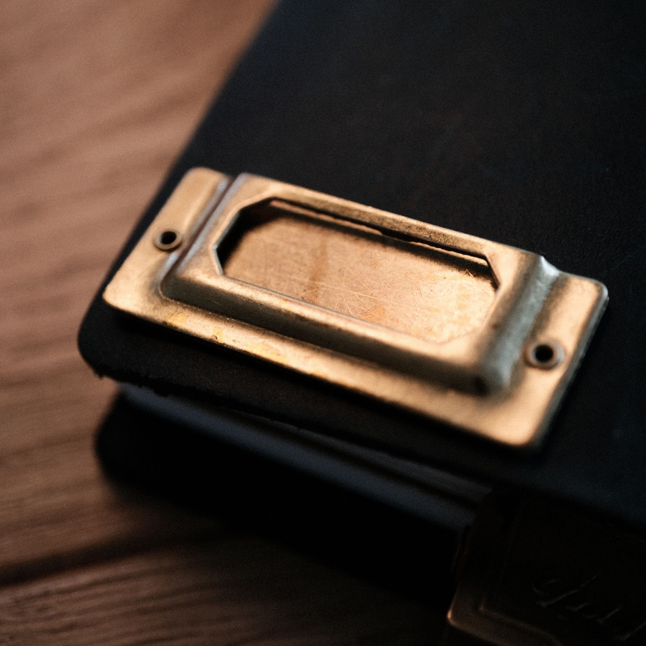 Vintage brass label holder for journals, notebook covers, bookmarks, traveler’s notebooks, Bibles, and scrapbooks. A simple brass detail for labeling or finishing paper and leather projects with a classic look. Add it to your next project.