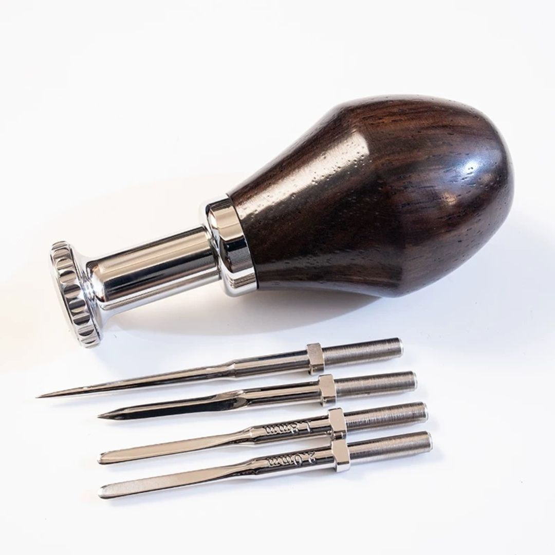 Detachable T-Awl set features high-quality 304 stainless steel body and DC53 tool steel blades for durability. Its easy-to-use slot design ensures stability and quick blade changes. Ideal for precise stitching and hole punching in leathercraft. Enhance your work with this reliable tool.