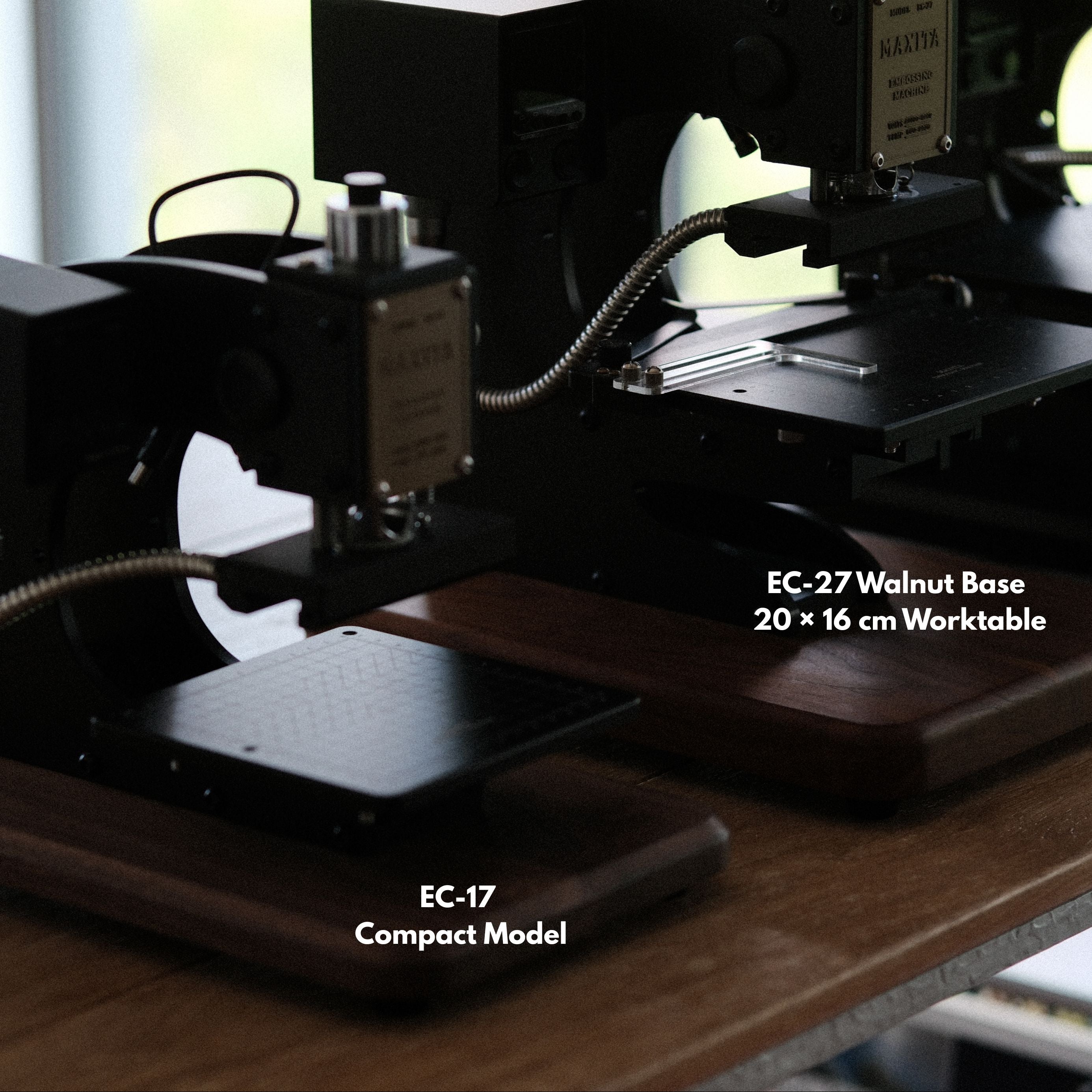 Discover professional hot foil stamping machines at CÍ, including EC-17 and EC-27 models with different base and worktable options for leathercraft, stationery, packaging, and small studio use. Custom brass stamps and movable type sets are also available. Explore more.