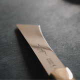 2026 upgraded Japanese long blade skiving knife with Böhler N690 stainless steel, flat-ground back, tapered blade body, walnut handle, and low-angle cutting control for clean leather skiving, thinning, and detail work. Shop now.