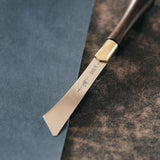2026 upgraded Japanese long blade skiving knife with Böhler N690 stainless steel, flat-ground back, tapered blade body, walnut handle, and low-angle cutting control for clean leather skiving, thinning, and detail work. Shop now.