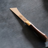 2026 upgraded Japanese long blade skiving knife with Böhler N690 stainless steel, flat-ground back, tapered blade body, walnut handle, and low-angle cutting control for clean leather skiving, thinning, and detail work. Shop now.