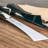 2026 upgraded Japanese long blade skiving knife with Böhler N690 stainless steel, flat-ground back, tapered blade body, walnut handle, and low-angle cutting control for clean leather skiving, thinning, and detail work. Shop now.