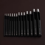 Taiwan-made Bangbang hex round punch set for leathercraft. High-toughness special alloy steel punches with black finish and wooden base, ideal for clean belt holes, hardware holes, and round leather punching.