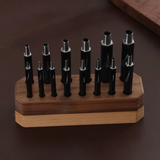 Taiwan-made Bangbang hex round punch set for leathercraft. High-toughness special alloy steel punches with black finish and wooden base, ideal for clean belt holes, hardware holes, and round leather punching.