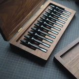 Keep your pricking irons and punches organized with this 11-slot black walnut tool box. Fits most common brands, protects tools from dust, and adds a clean look to your workbench. A solid storage upgrade for leathercrafters—grab yours now.