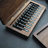 Keep your pricking irons and punches organized with this 11-slot black walnut tool box. Fits most common brands, protects tools from dust, and adds a clean look to your workbench. A solid storage upgrade for leathercrafters—grab yours now.