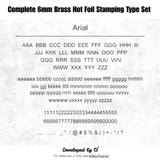 Shop the CÍ 6mm brass hot foil stamping type set with 307 letters, numbers and symbols. A versatile size for notebooks, wallets, labels and small leather goods. Includes walnut glass-lid storage box. Custom fonts available.