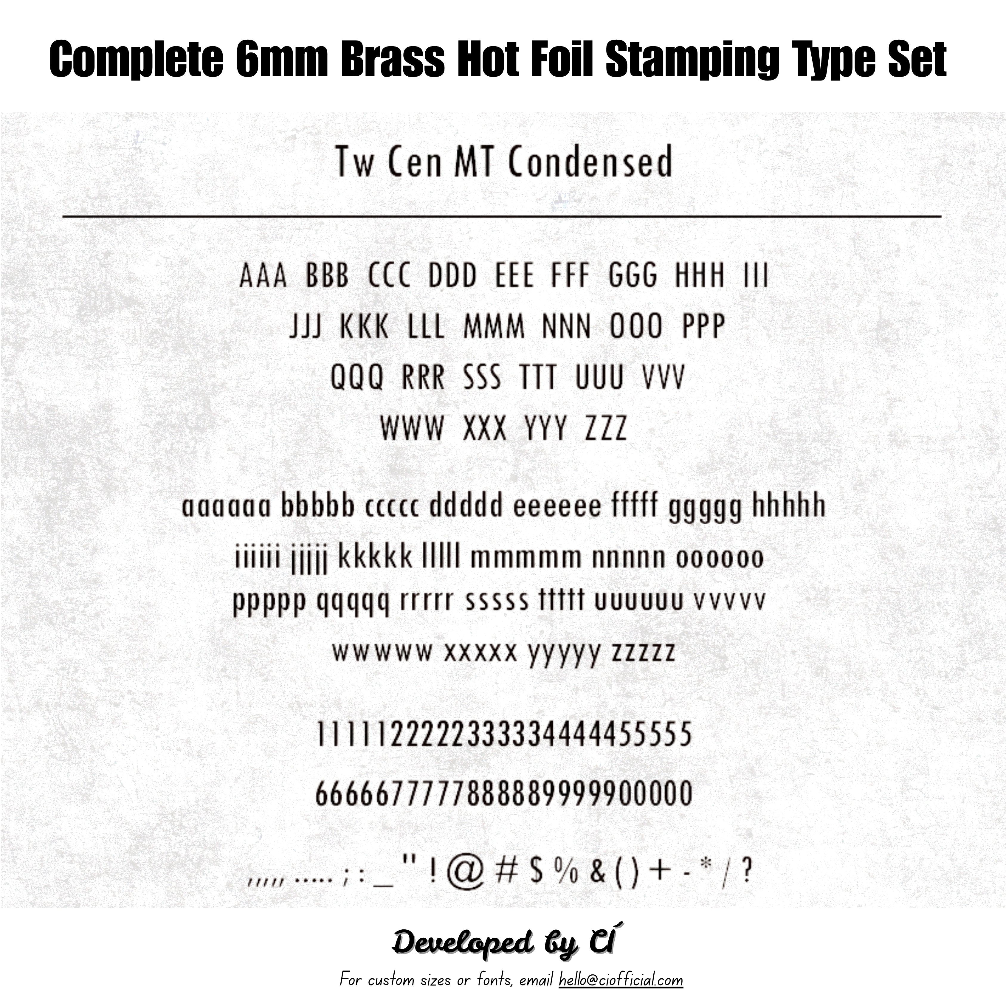 Shop the CÍ 6mm brass hot foil stamping type set with 307 letters, numbers and symbols. A versatile size for notebooks, wallets, labels and small leather goods. Includes walnut glass-lid storage box. Custom fonts available.