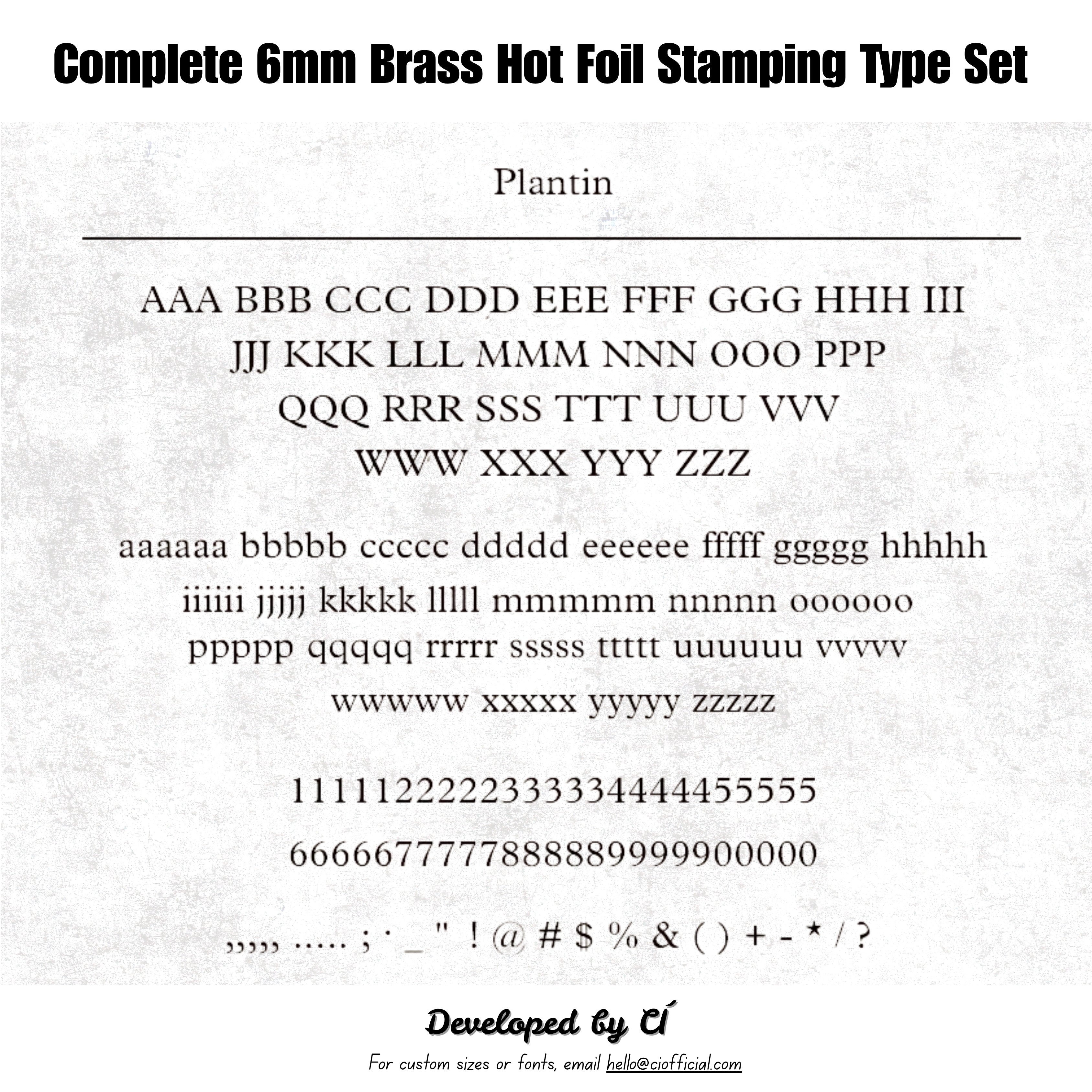 Shop the CÍ 6mm brass hot foil stamping type set with 307 letters, numbers and symbols. A versatile size for notebooks, wallets, labels and small leather goods. Includes walnut glass-lid storage box. Custom fonts available.