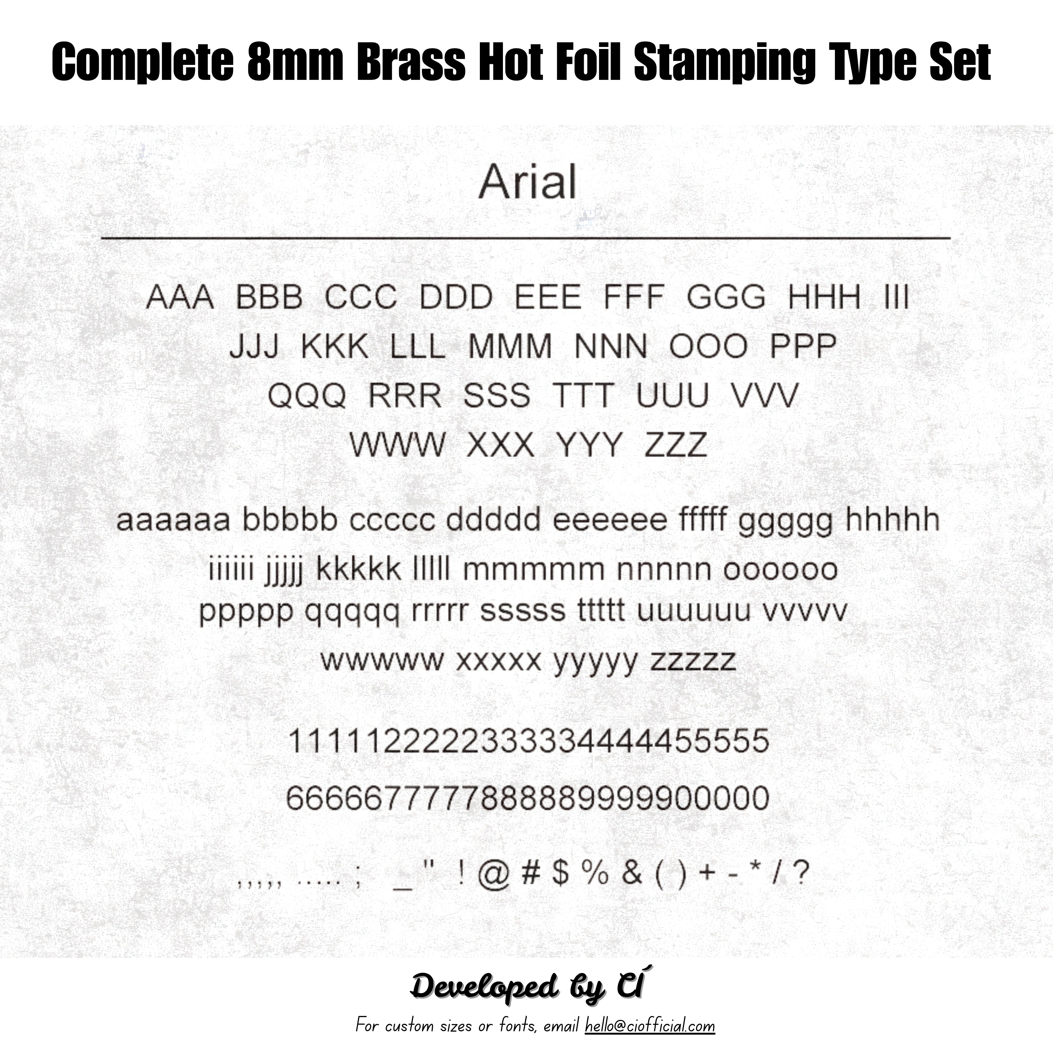 CÍ deluxe brass hot foil stamping type set with walnut storage box, designed for clear leather embossing, custom branding, luggage tags, labels and packaging. Compatible with Maxita Holder No. 1 and MOVEGO machines. Custom fonts available. Shop now.