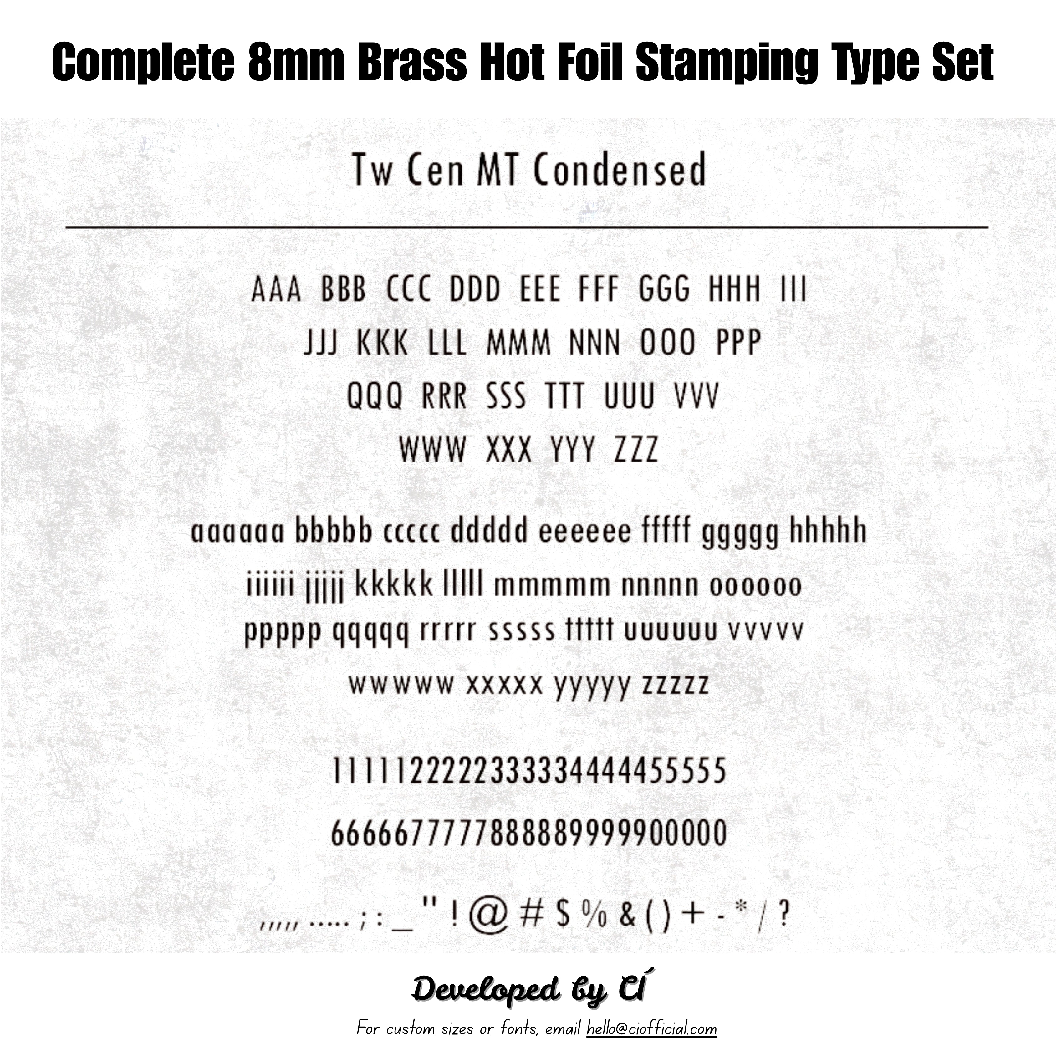 CÍ deluxe brass hot foil stamping type set with walnut storage box, designed for clear leather embossing, custom branding, luggage tags, labels and packaging. Compatible with Maxita Holder No. 1 and MOVEGO machines. Custom fonts available. Shop now.