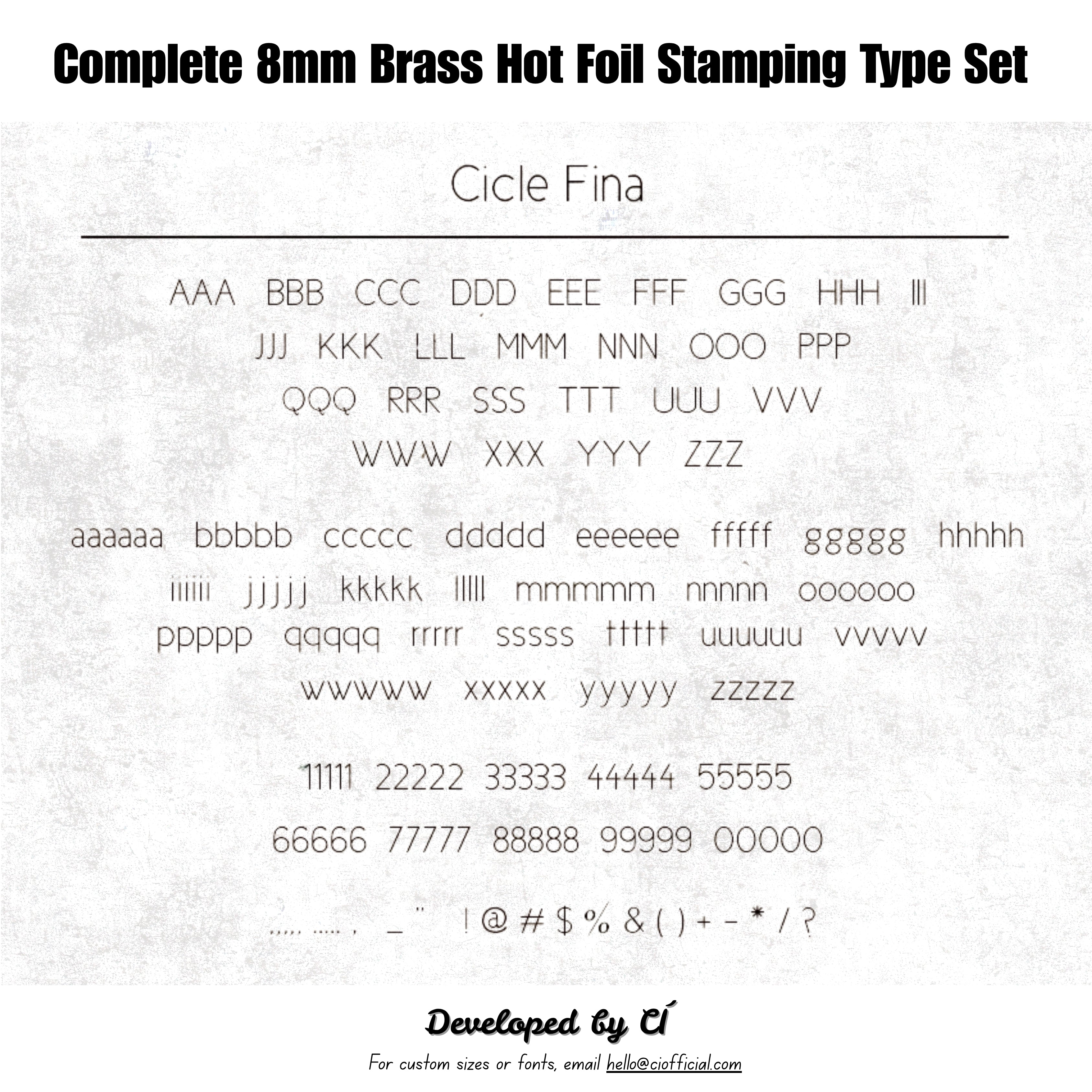 CÍ deluxe brass hot foil stamping type set with walnut storage box, designed for clear leather embossing, custom branding, luggage tags, labels and packaging. Compatible with Maxita Holder No. 1 and MOVEGO machines. Custom fonts available. Shop now.