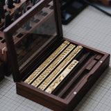 CÍ deluxe brass hot foil stamping type set with walnut storage box, designed for clear leather embossing, custom branding, luggage tags, labels and packaging. Compatible with Maxita Holder No. 1 and MOVEGO machines. Custom fonts available. Shop now.