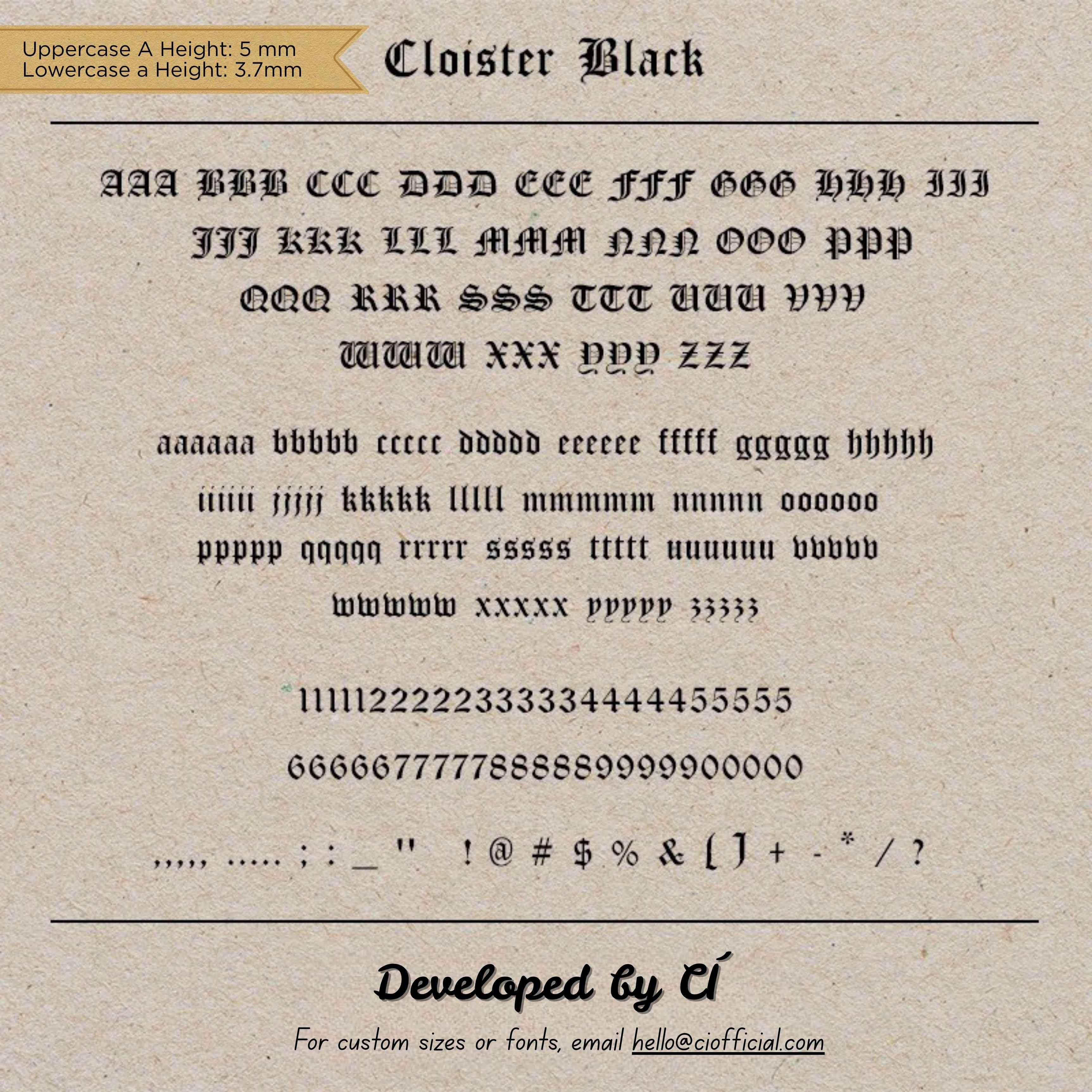 A CÍ-developed hot foil stamping type set for leathercraft, branding, and personalised studio work. Each set includes 307 individual type stamps with uppercase letters, lowercase letters, numbers, symbols, punctuation, and spaces, plus a black walnut storage box. Compatible with Maxita Holder No. 1, No. 2, and No. 3. Custom fonts and heights are available by email.