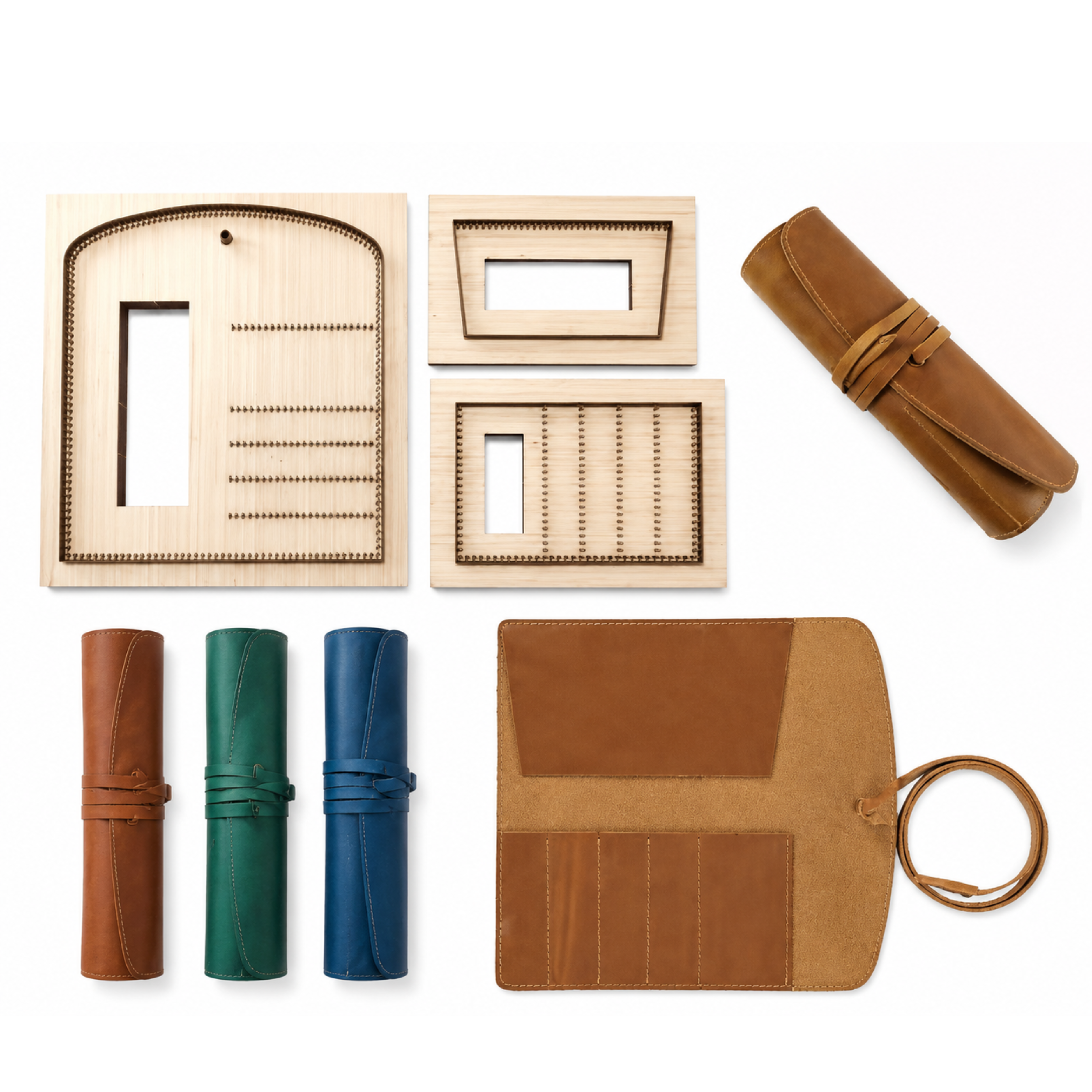 Leather pencil roll cutting die with integrated stitching holes, Japanese steel blade, and wood or acrylic base. Designed for clean, repeatable cutting with a protective pencil-tip flap. Custom layouts available for leathercraft projects. Order yours from CÍ.