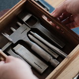 CÍ × Bangbang leather belt slot spacing punch made from DC53 tool steel with a stainless steel handle. Custom spacing available, small-batch made to order, ideal for clean and consistent leather belt, strap and bag strap punching.