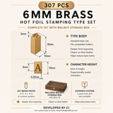 CÍ Deluxe 6mm Brass Hot Foil Stamping Type Set with Walnut Storage Box· 307 Pieces