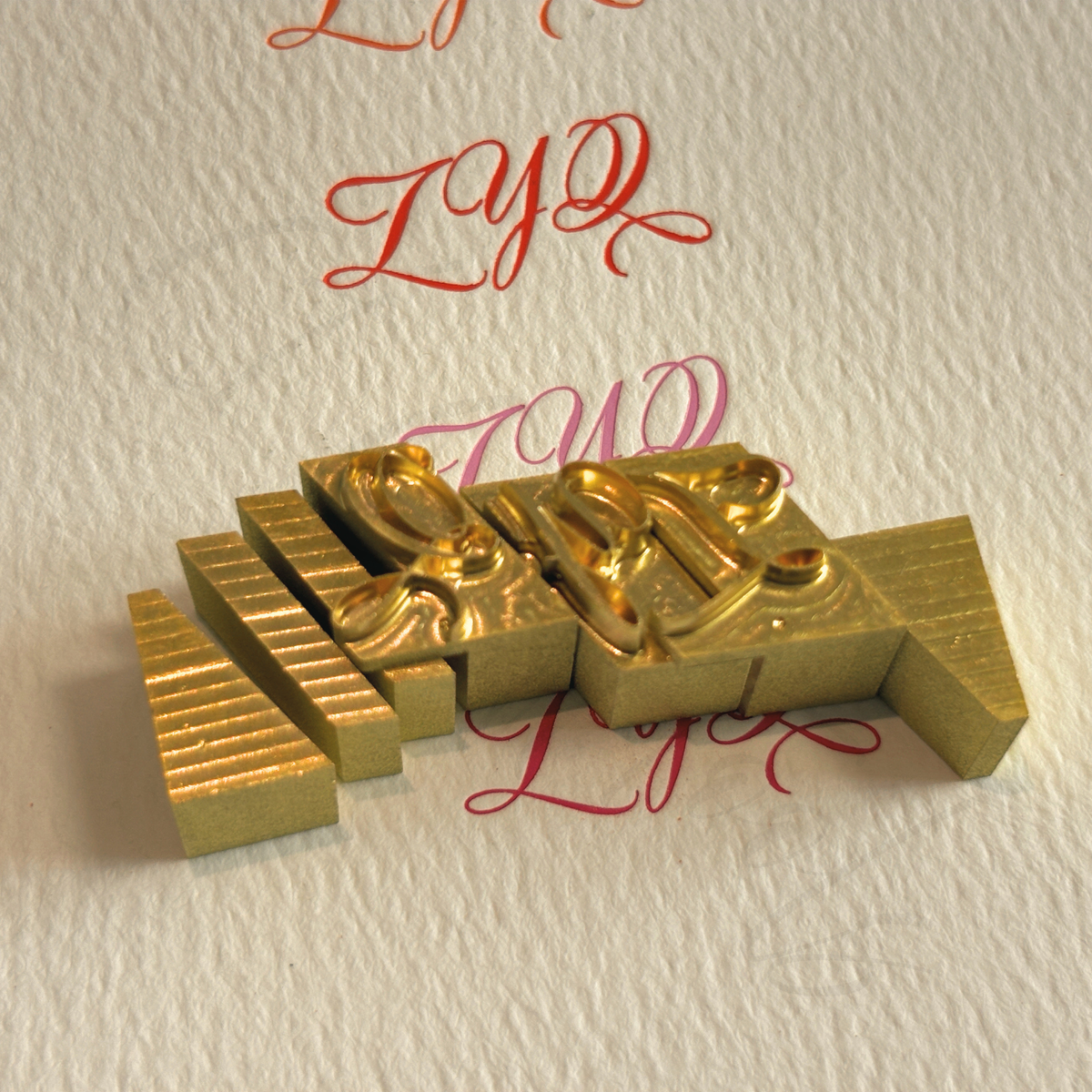 A custom brass type system made for script, calligraphy, italic and decorative fonts that do not sit neatly on a standard type base. Designed for long tails, swashes and complex letterforms, with specially adjusted type heights, blank spacers and side locking blocks to keep spacing more natural and the type secure in the holder.Suitable for hot foil stamping, blind embossing and personalised leather or paper goods.