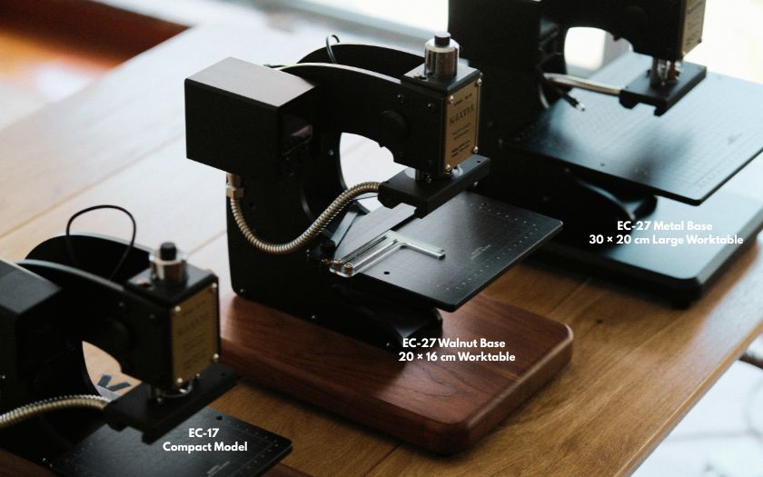 Discover professional hot foil stamping machines at CÍ, including EC-17 and EC-27 models with different base and worktable options for leathercraft, stationery, packaging, and small studio use. Custom brass stamps and movable type sets are also available. Explore more.