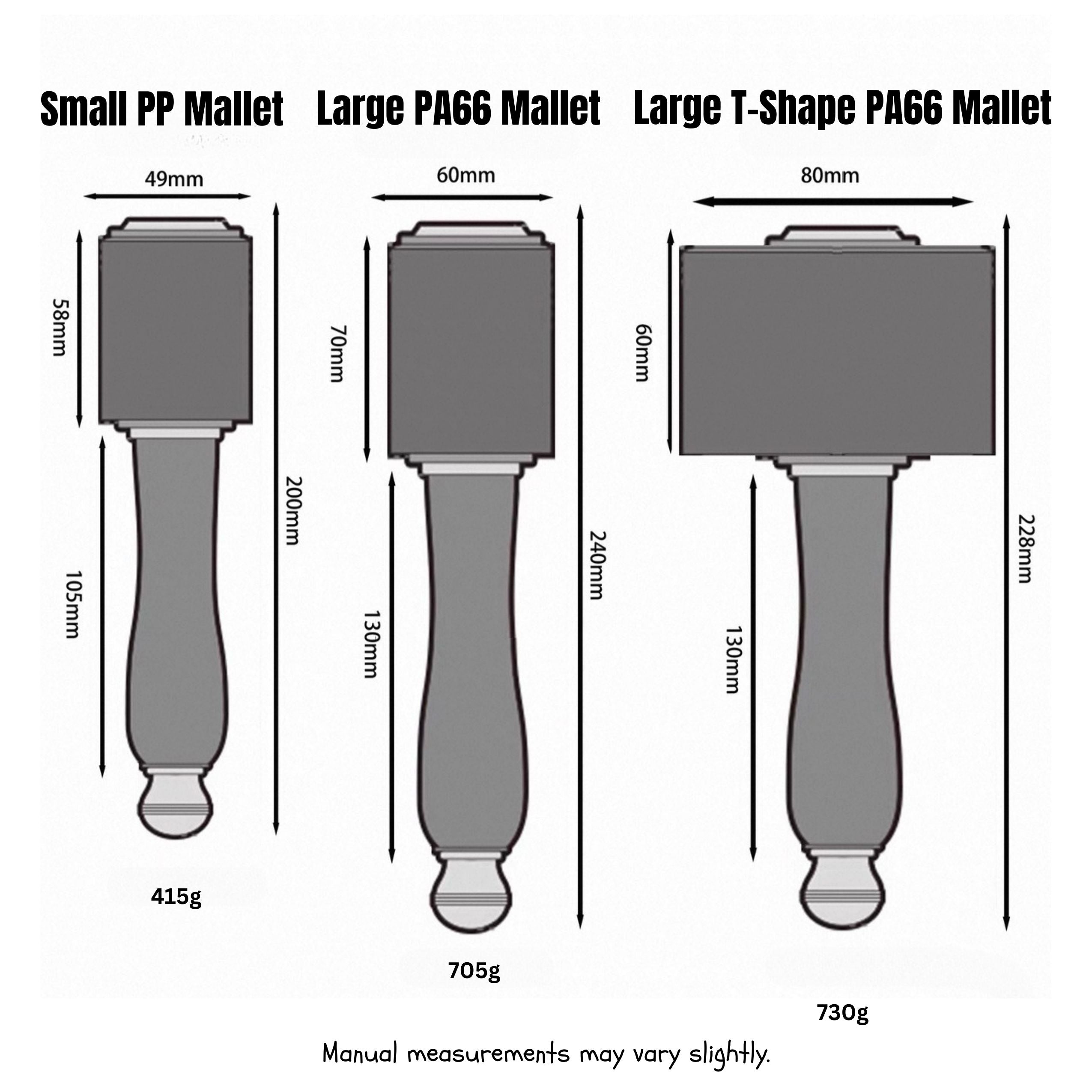 Leathercraft mallet hammer with PP and PA66 nylon head options for punching, carving, die work, and general bench use. Choose from Small PP, Large PA66, or Large T-Shape PA66 styles with a zitan (premium rosewood) handle. Find the right hammer for your workflow.